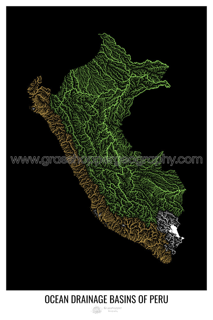 Pérou - Carte des bassins hydrographiques océaniques, noir v1 - Tirage photo artistique