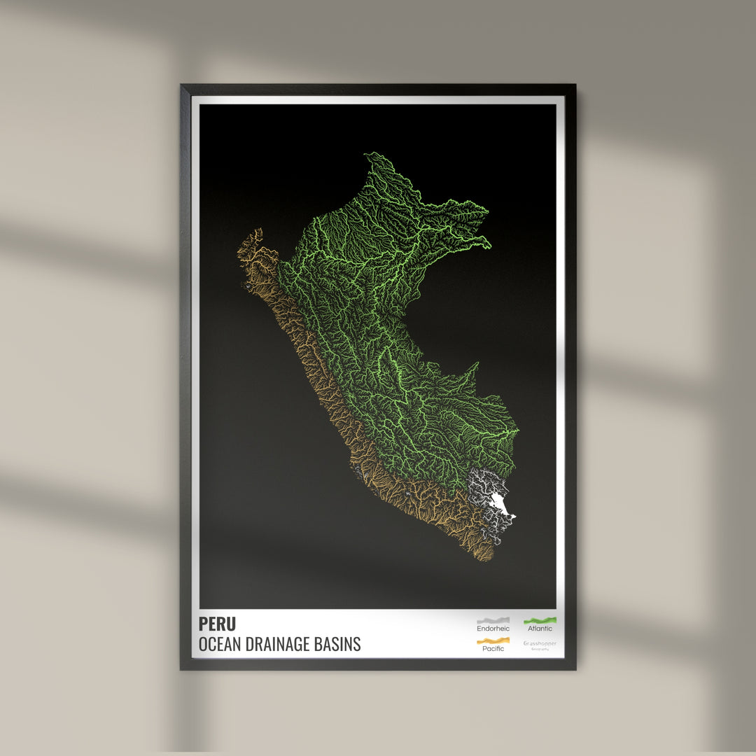 Perú - Mapa de la cuenca hidrográfica del océano, negro con leyenda v1 - Impresión fotográfica