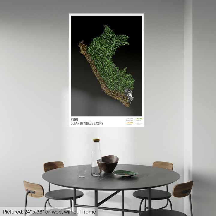 Peru - Ocean drainage basin map, black with legend v1 - Photo Art Print