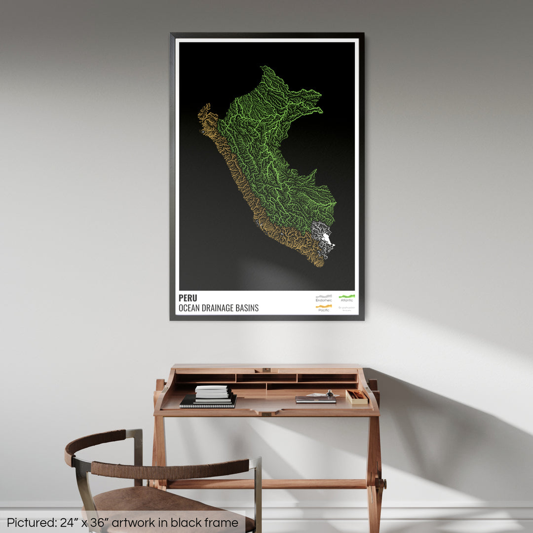 Peru - Ocean drainage basin map, black with legend v1 - Framed Print