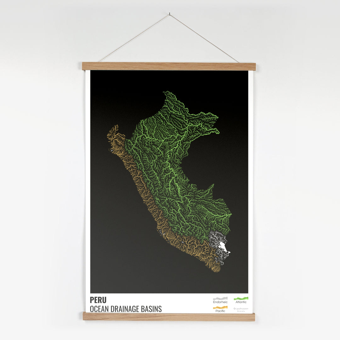 Perú - Mapa de la cuenca hidrográfica del océano, negro con leyenda v1 - Impresión artística con colgador