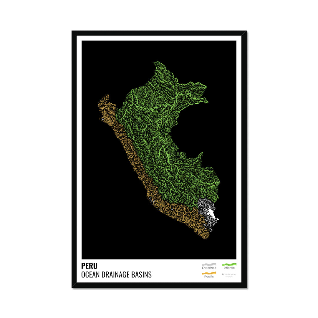 Peru - Ocean drainage basin map, black with legend v1 - Framed Print