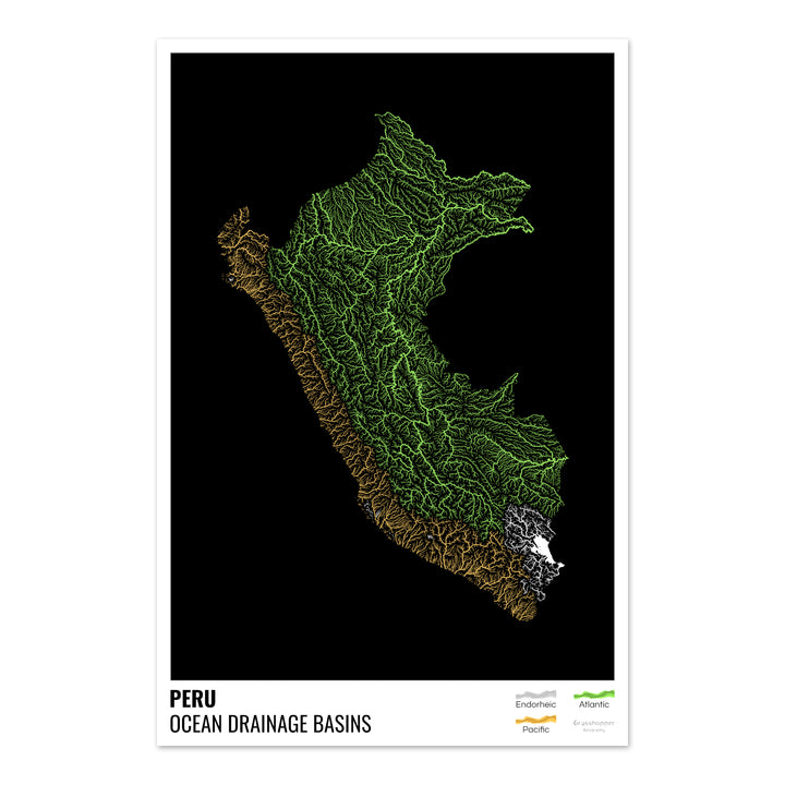 Perú - Mapa de la cuenca hidrográfica del océano, negro con leyenda v1 - Impresión de Bellas Artes