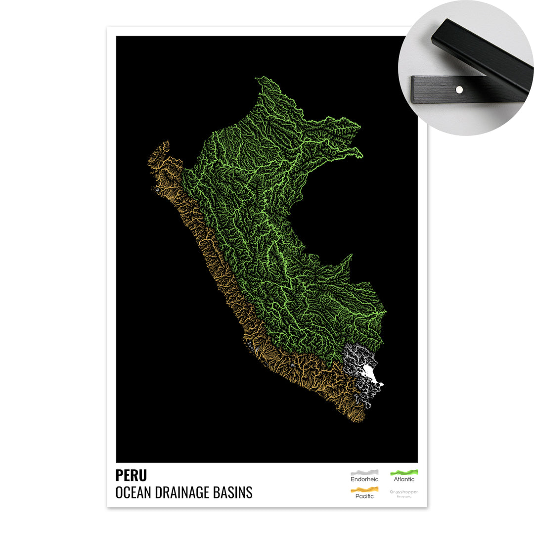 Peru - Ocean drainage basin map, black with legend v1 - Fine Art Print with Hanger