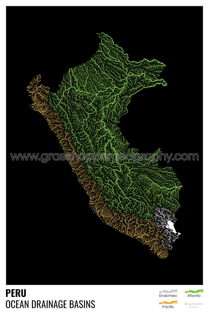 Perú - Mapa de la cuenca hidrográfica del océano, negro con leyenda v1 - Impresión fotográfica