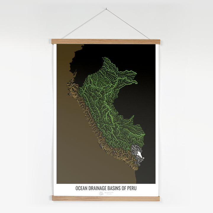 Peru - Ocean drainage basin map, black v2 - Fine Art Print with Hanger