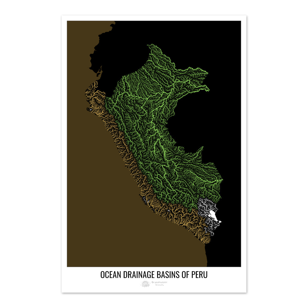Peru - Ocean drainage basin map, black v2 - Photo Art Print