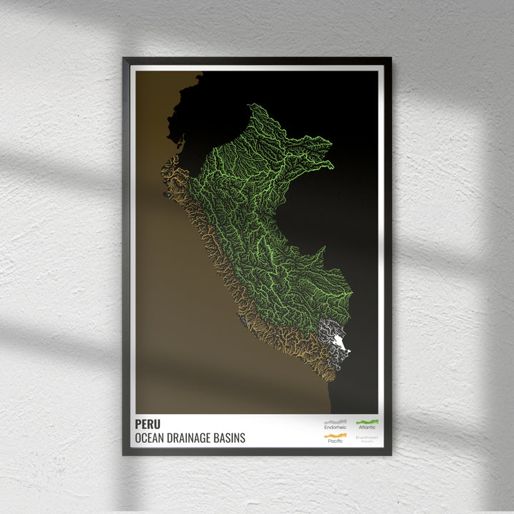 Perú - Mapa de la cuenca hidrográfica del océano, negro con leyenda v2 - Impresión de Bellas Artes