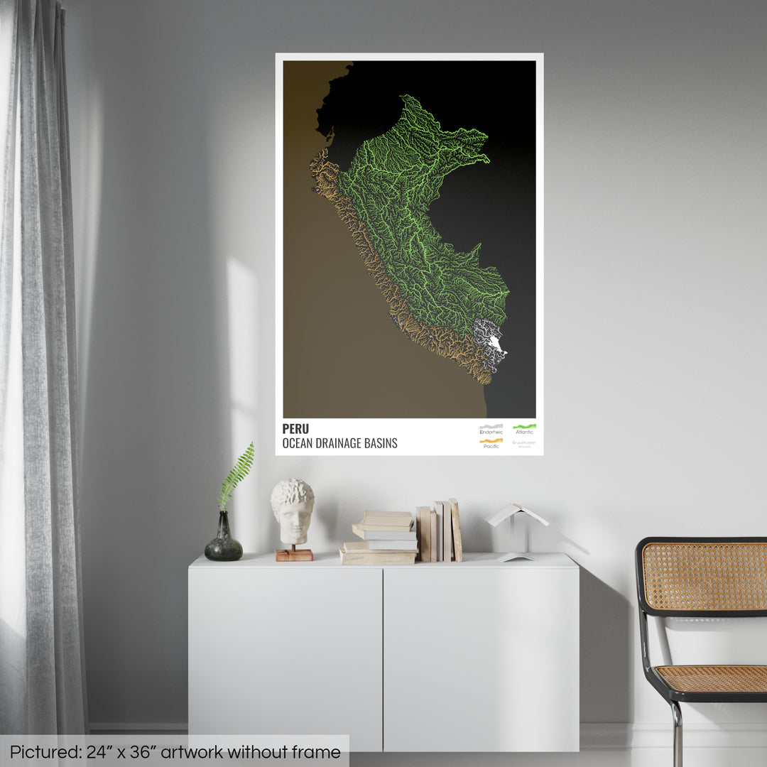 Perú - Mapa de la cuenca hidrográfica del océano, negro con leyenda v2 - Impresión fotográfica