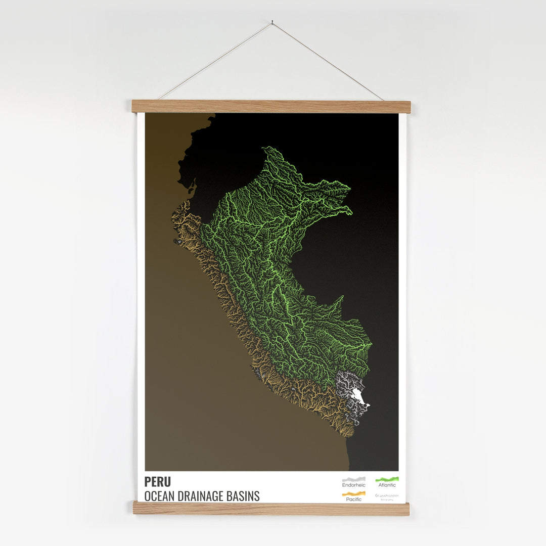 Peru - Ocean drainage basin map, black with legend v2 - Fine Art Print with Hanger
