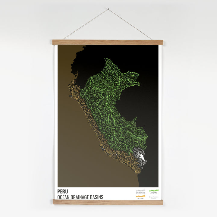 Peru - Ocean drainage basin map, black with legend v2 - Fine Art Print with Hanger