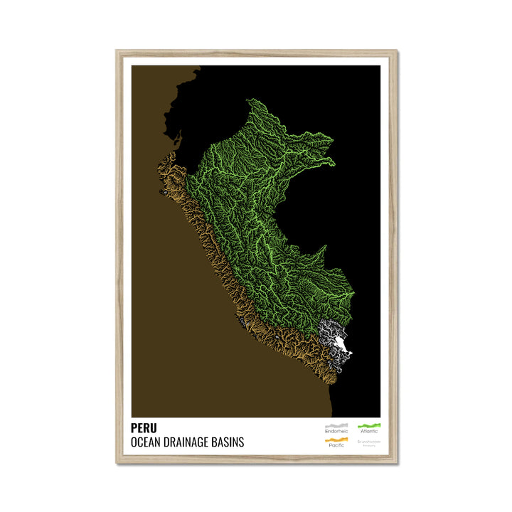Peru - Ocean drainage basin map, black with legend v2 - Framed Print