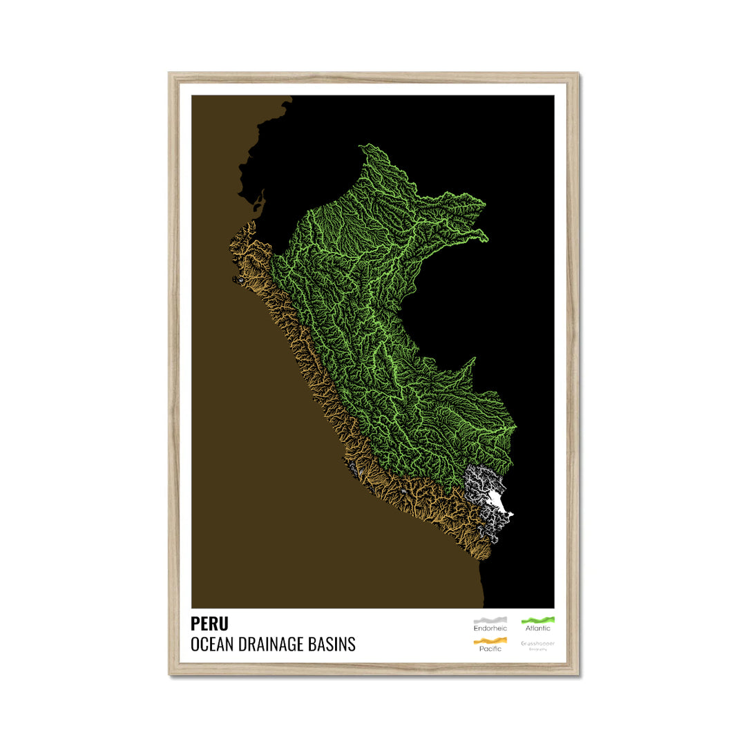 Perú - Mapa de la cuenca hidrográfica del océano, negro con leyenda v2 - Lámina enmarcada