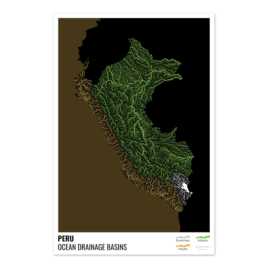 Peru - Ocean drainage basin map, black with legend v2 - Fine Art Print