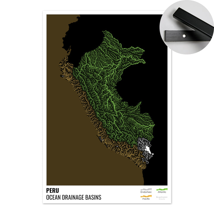 Perú - Mapa de la cuenca hidrográfica del océano, negro con leyenda v2 - Impresión artística con colgador