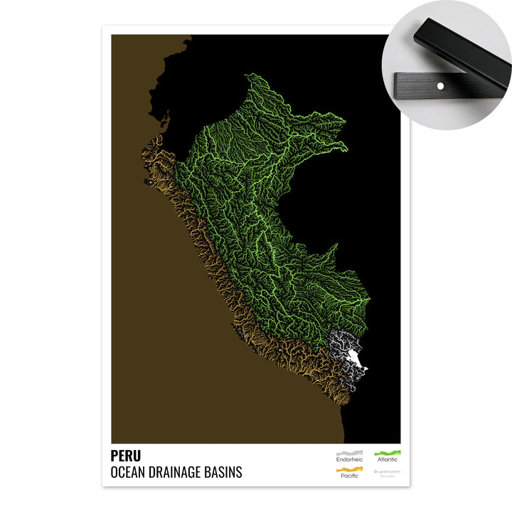 Peru - Mapa da bacia de drenagem oceânica, preto com legenda v2 - Impressão de belas artes com cabide
