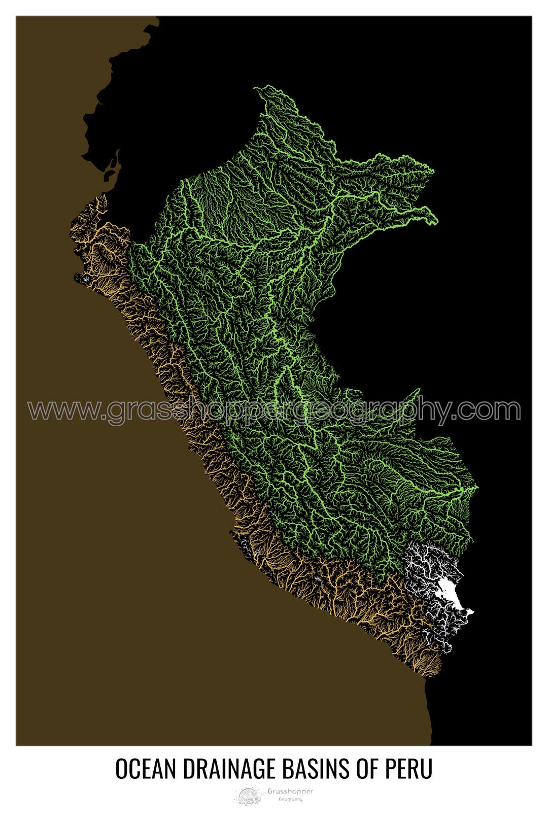Perú - Mapa de la cuenca hidrográfica del océano, negro v2 - Impresión de Bellas Artes