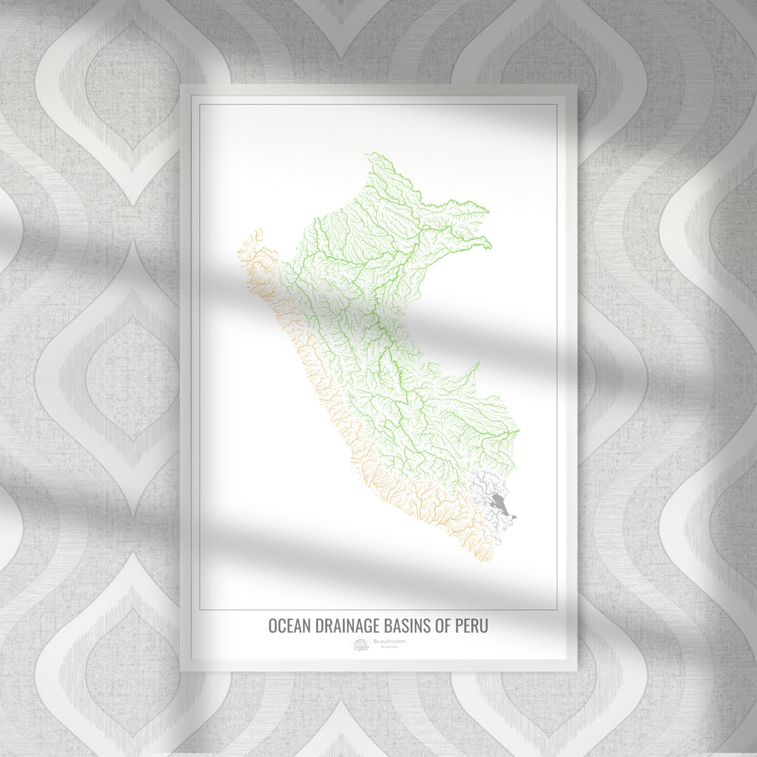 Perú - Mapa de la cuenca hidrográfica del océano, blanco v1 - Impresión de Bellas Artes
