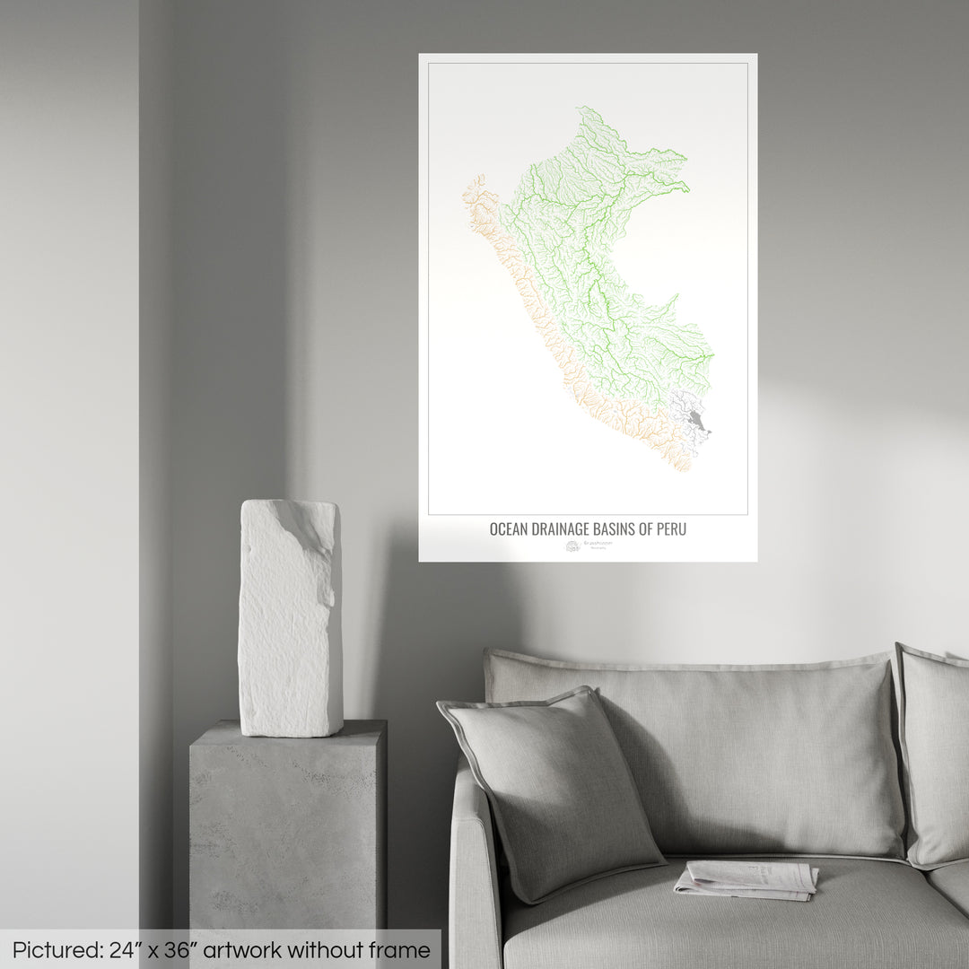 Pérou - Carte des bassins hydrographiques océaniques, blanc v1 - Tirage photo artistique