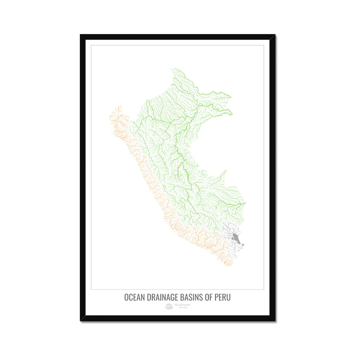 Perú - Mapa de la cuenca hidrográfica del océano, blanco v1 - Lámina enmarcada