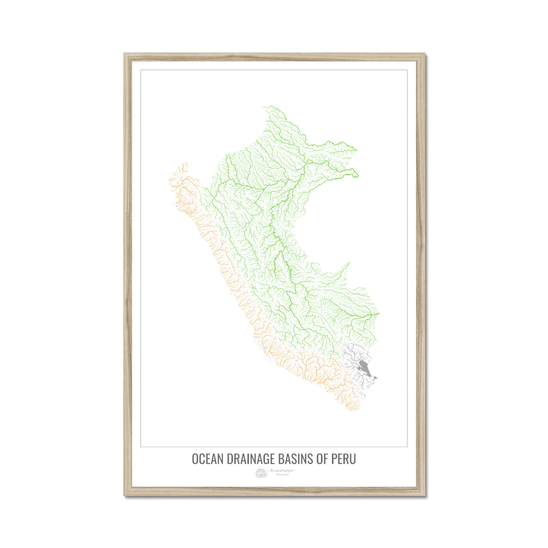 Perú - Mapa de la cuenca hidrográfica del océano, blanco v1 - Lámina enmarcada