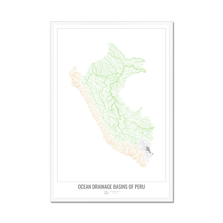 Pérou - Carte des bassins hydrographiques océaniques, blanc v1 - Impression encadrée