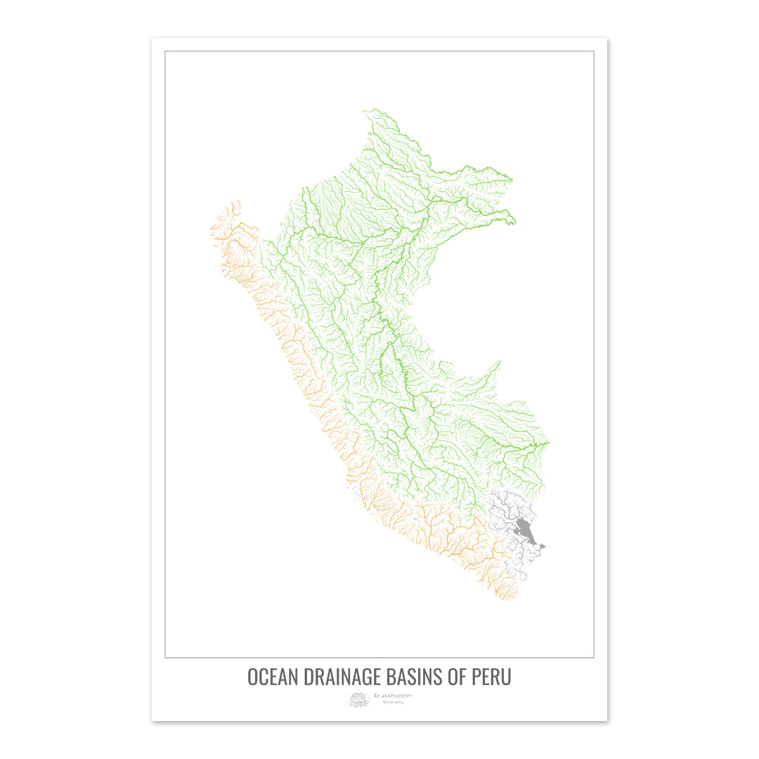 Perú - Mapa de la cuenca hidrográfica del océano, blanco v1 - Impresión de Bellas Artes