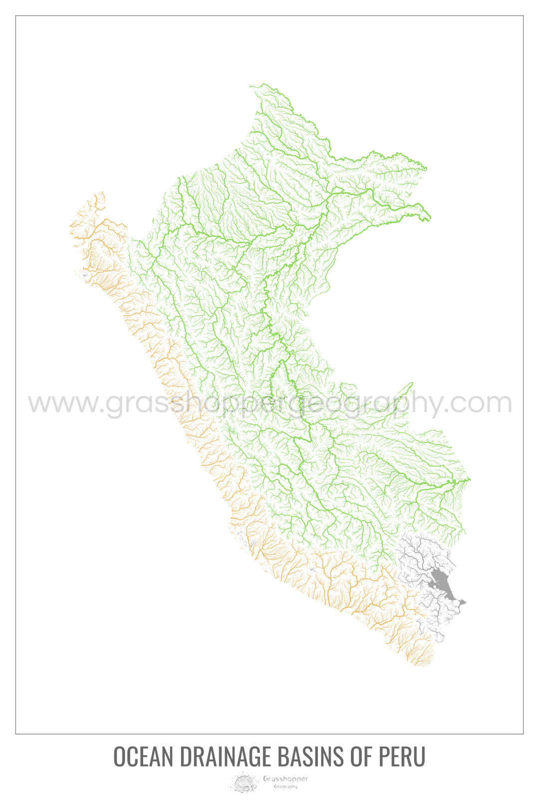 Pérou - Carte des bassins hydrographiques océaniques, blanc v1 - Fine Art Print