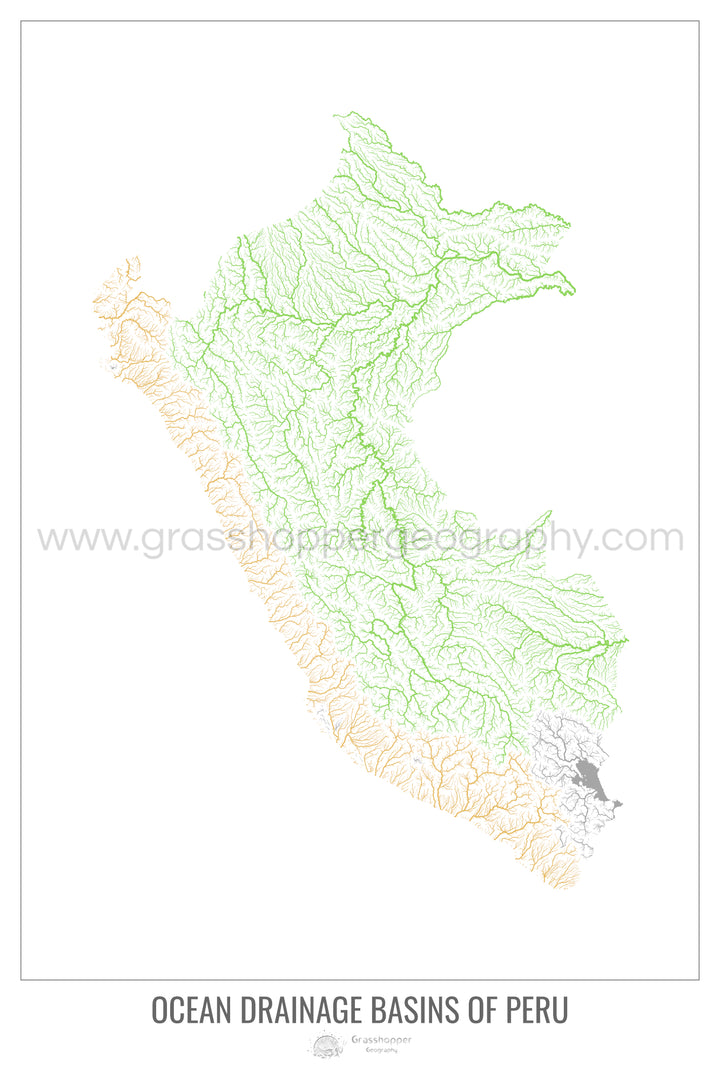 Pérou - Carte des bassins hydrographiques océaniques, blanc v1 - Tirage photo artistique