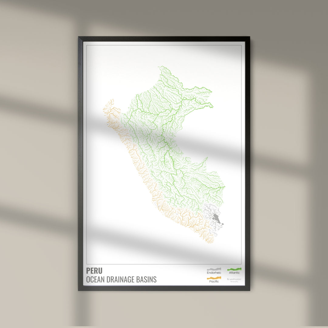 Pérou - Carte des bassins versants océaniques, blanche avec légende v1 - Fine Art Print