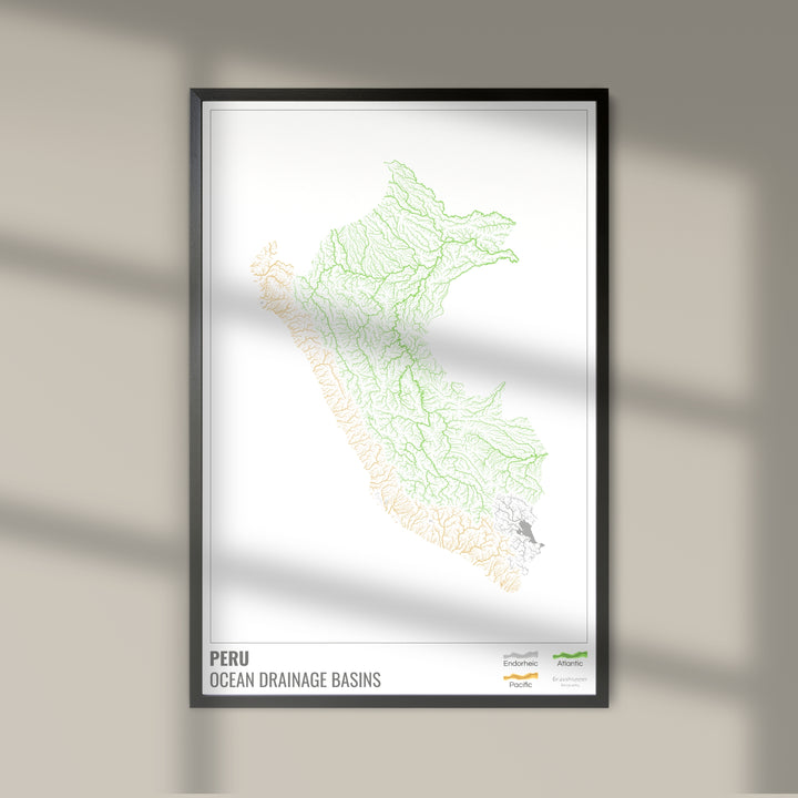 Perú - Mapa de la cuenca hidrográfica del océano, blanco con leyenda v1 - Impresión de Bellas Artes