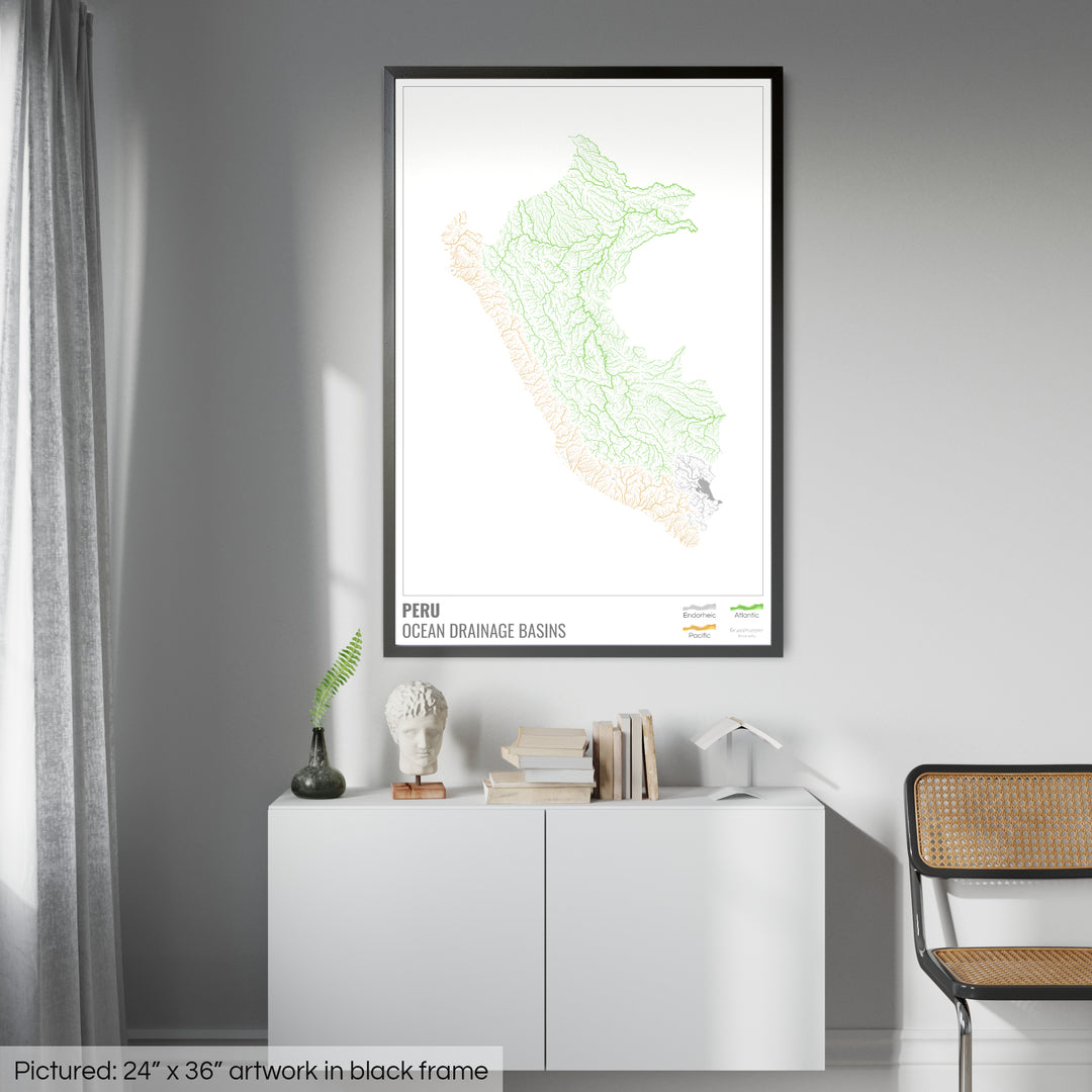 Peru - Ocean drainage basin map, white with legend v1 - Framed Print