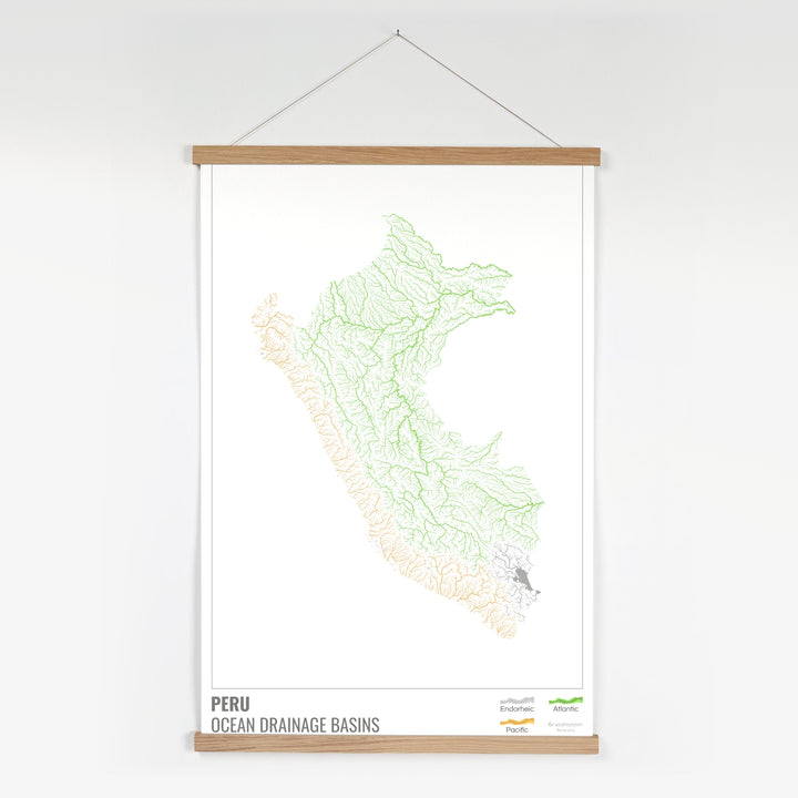 Perú - Mapa de la cuenca hidrográfica del océano, blanco con leyenda v1 - Impresión artística con colgador