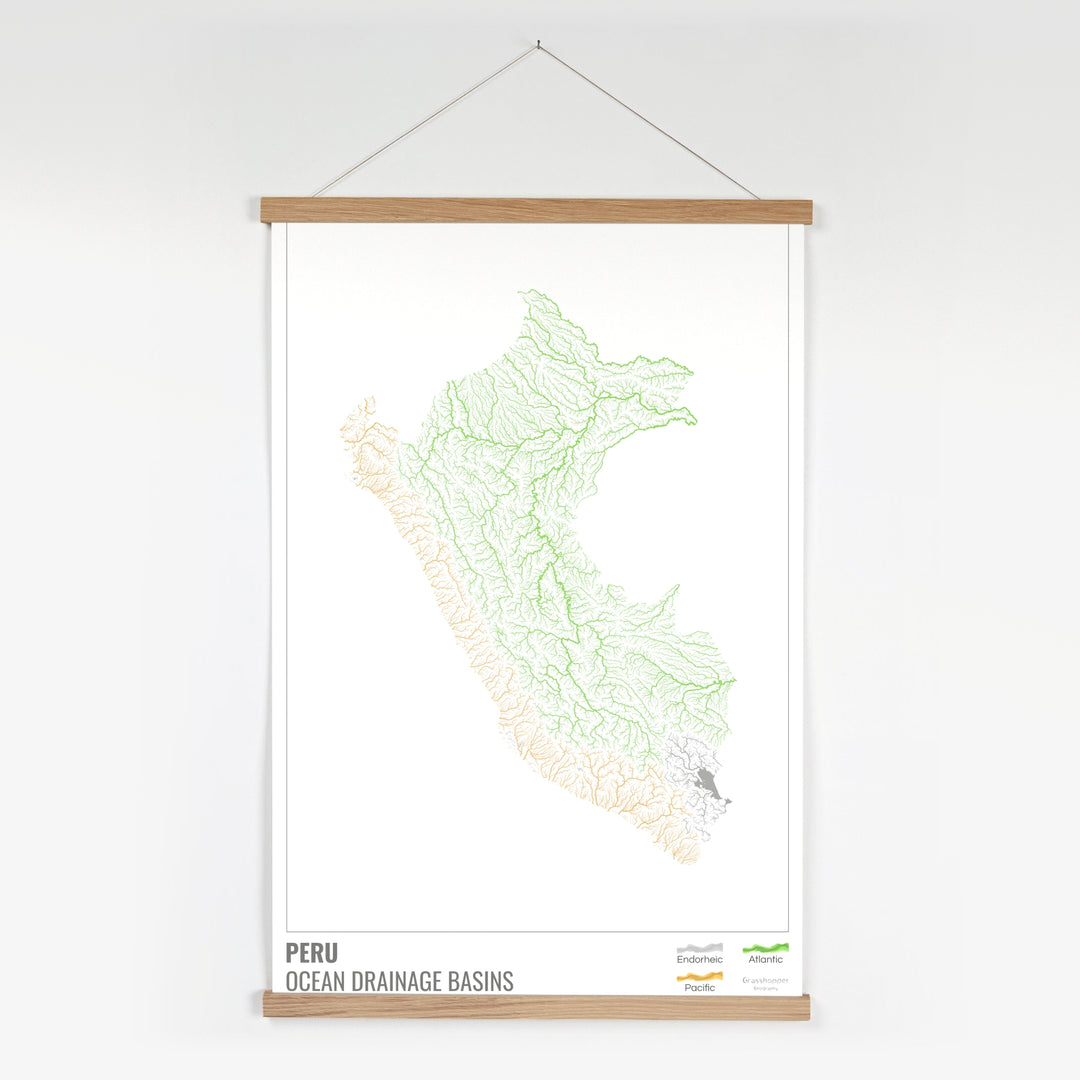 Pérou - Carte des bassins versants océaniques, blanche avec légende v1 - Tirage d'art avec cintre