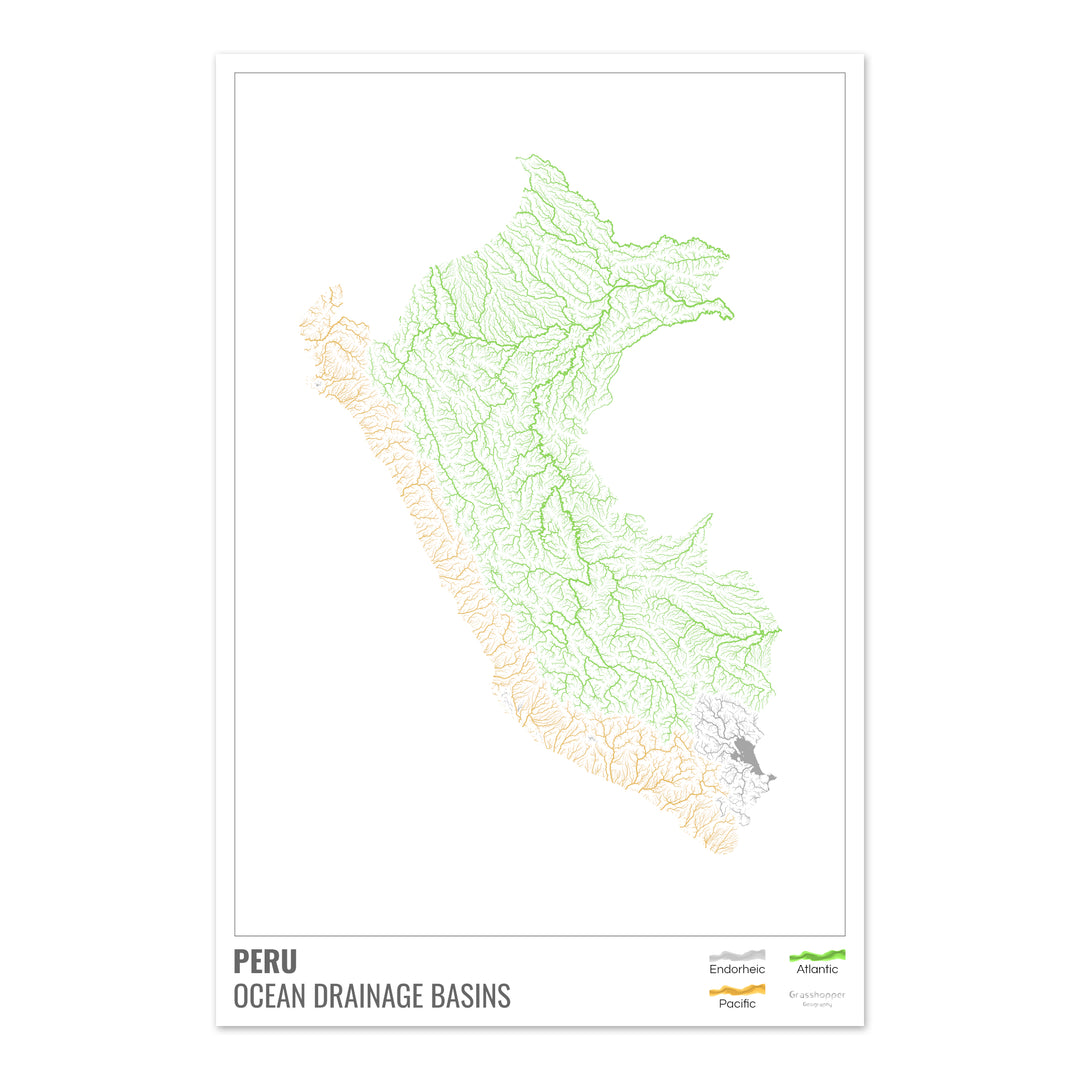 Perú - Mapa de la cuenca hidrográfica del océano, blanco con leyenda v1 - Impresión fotográfica