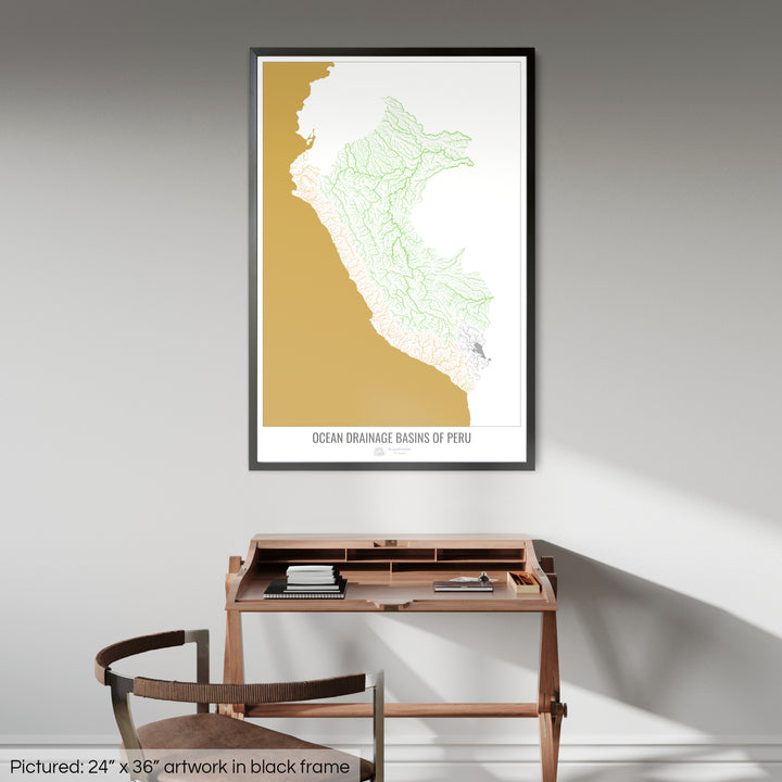 Peru - Ocean drainage basin map, white v2 - Framed Print