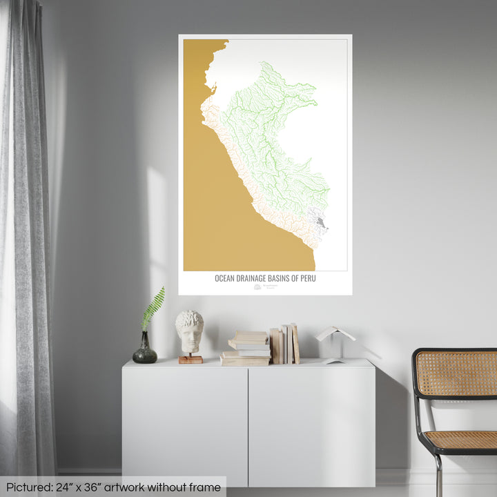 Perú - Mapa de la cuenca hidrográfica del océano, blanco v2 - Impresión fotográfica