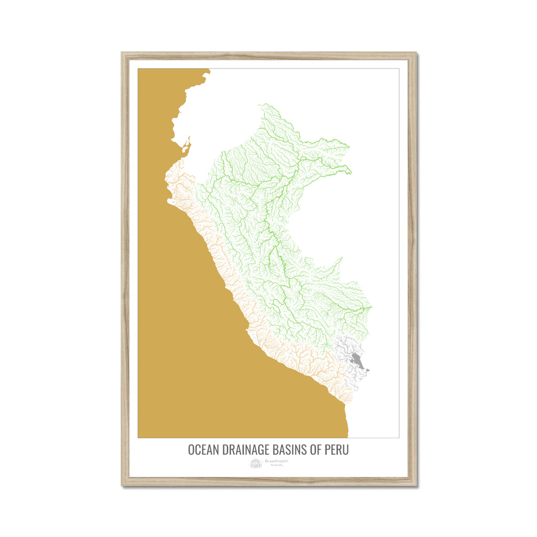 Perú - Mapa de la cuenca hidrográfica del océano, blanco v2 - Lámina enmarcada