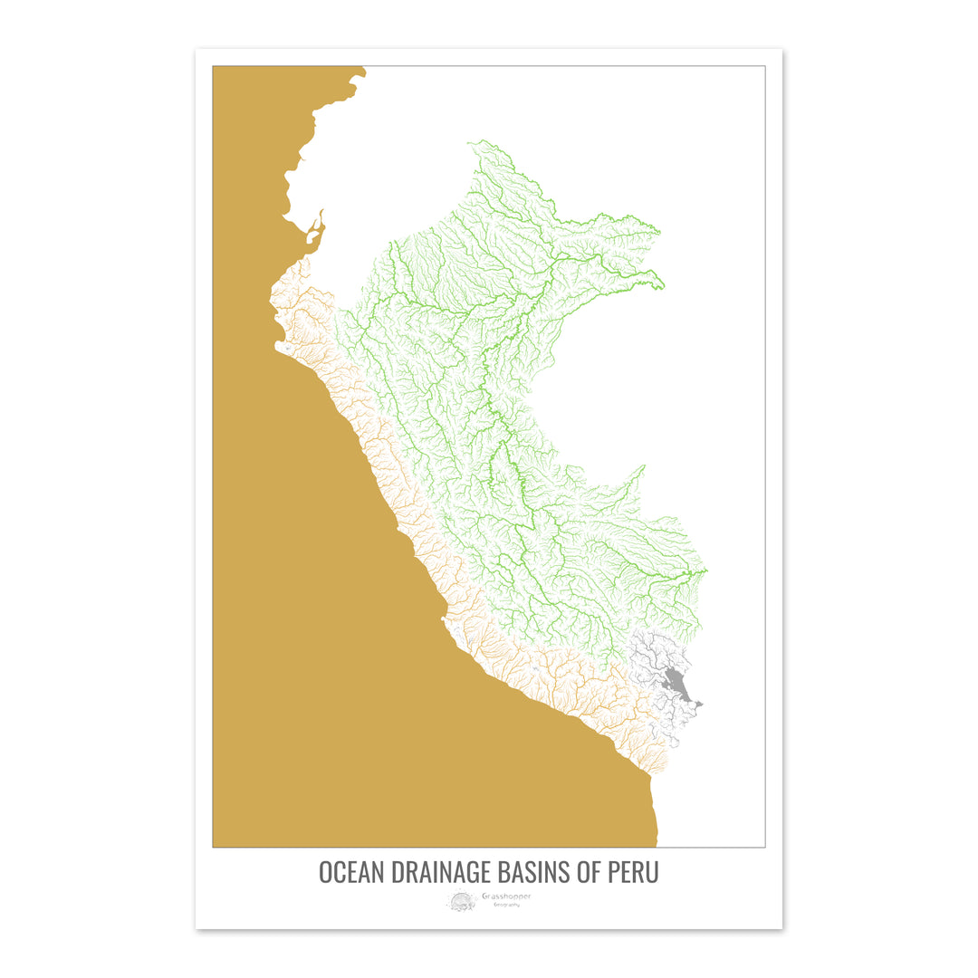 Perú - Mapa de la cuenca hidrográfica del océano, blanco v2 - Impresión fotográfica