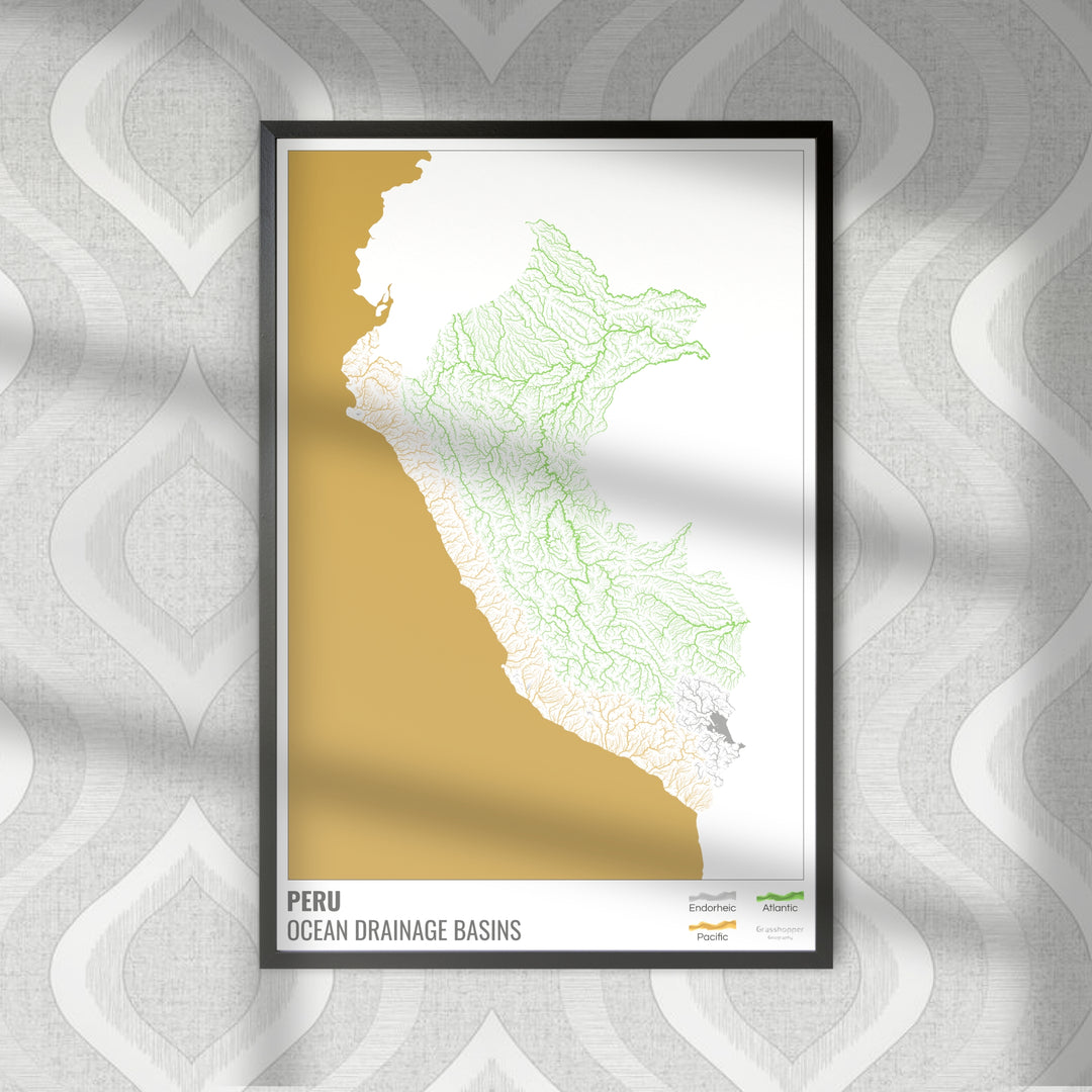 Peru - Mapa da bacia de drenagem oceânica, branco com legenda v2 - Impressão de arte fotográfica