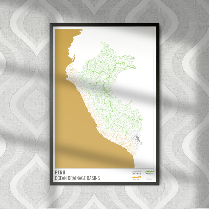 Peru - Mapa da bacia de drenagem oceânica, branco com legenda v2 - Impressão de arte fotográfica