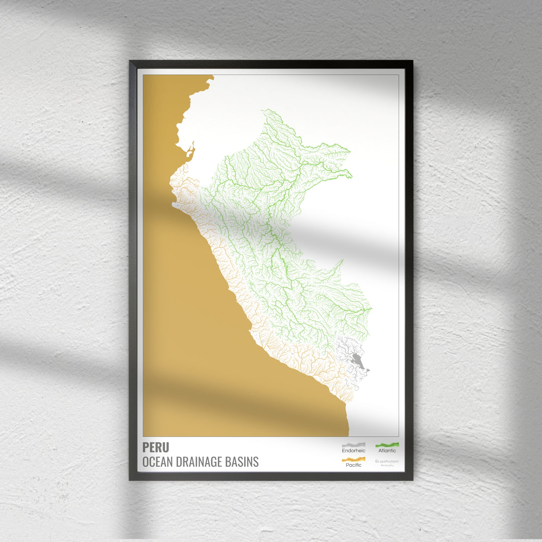 Peru - Mapa da bacia de drenagem oceânica, branco com legenda v2 - Impressão de belas artes