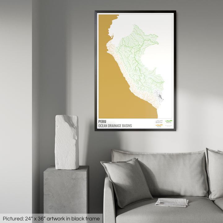 Peru - Ocean drainage basin map, white with legend v2 - Framed Print
