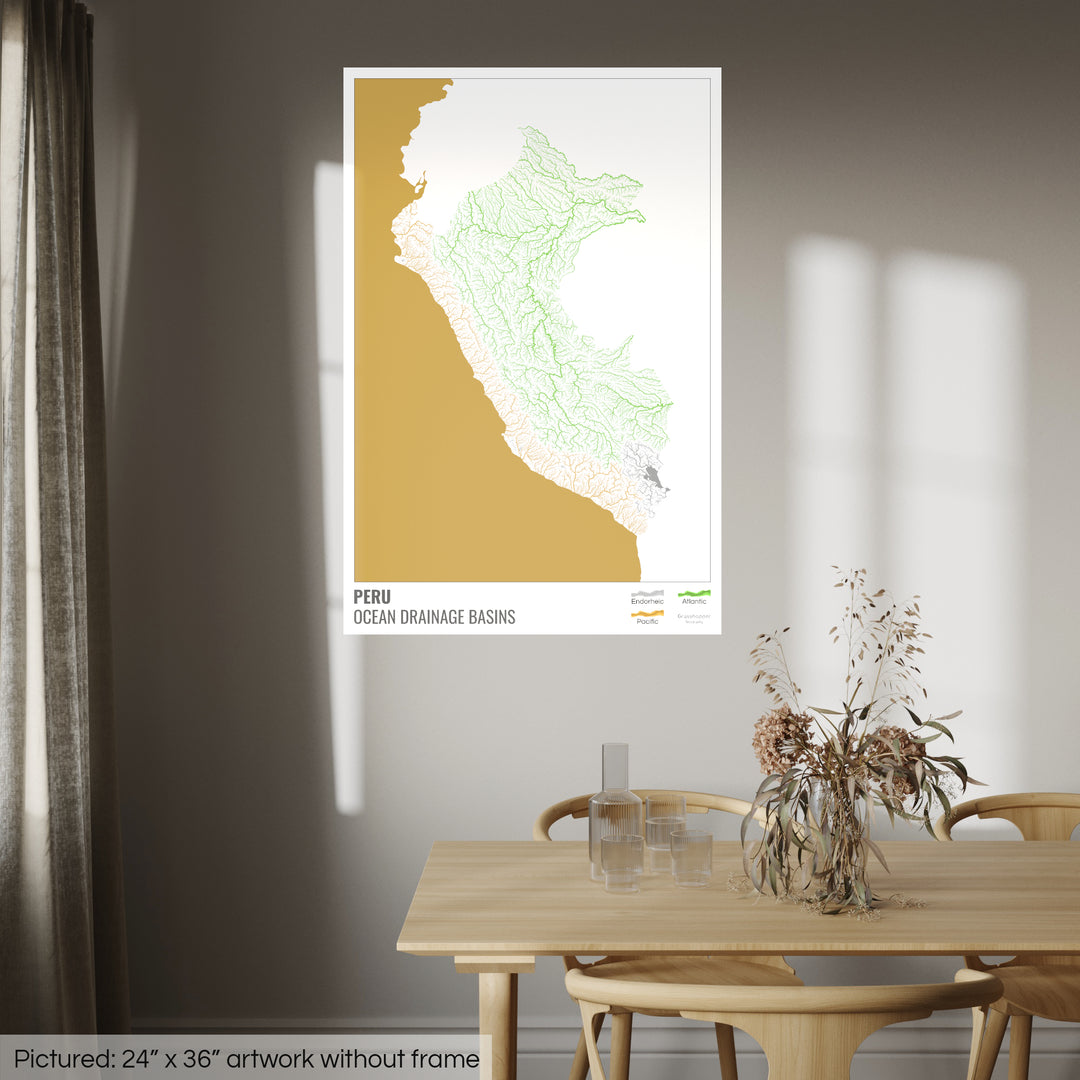 Perú - Mapa de la cuenca hidrográfica del océano, blanco con leyenda v2 - Impresión fotográfica