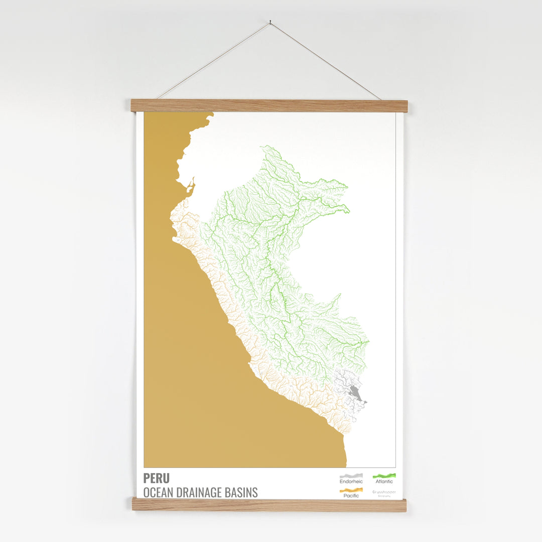 Perú - Mapa de la cuenca hidrográfica del océano, blanco con leyenda v2 - Impresión artística con colgador