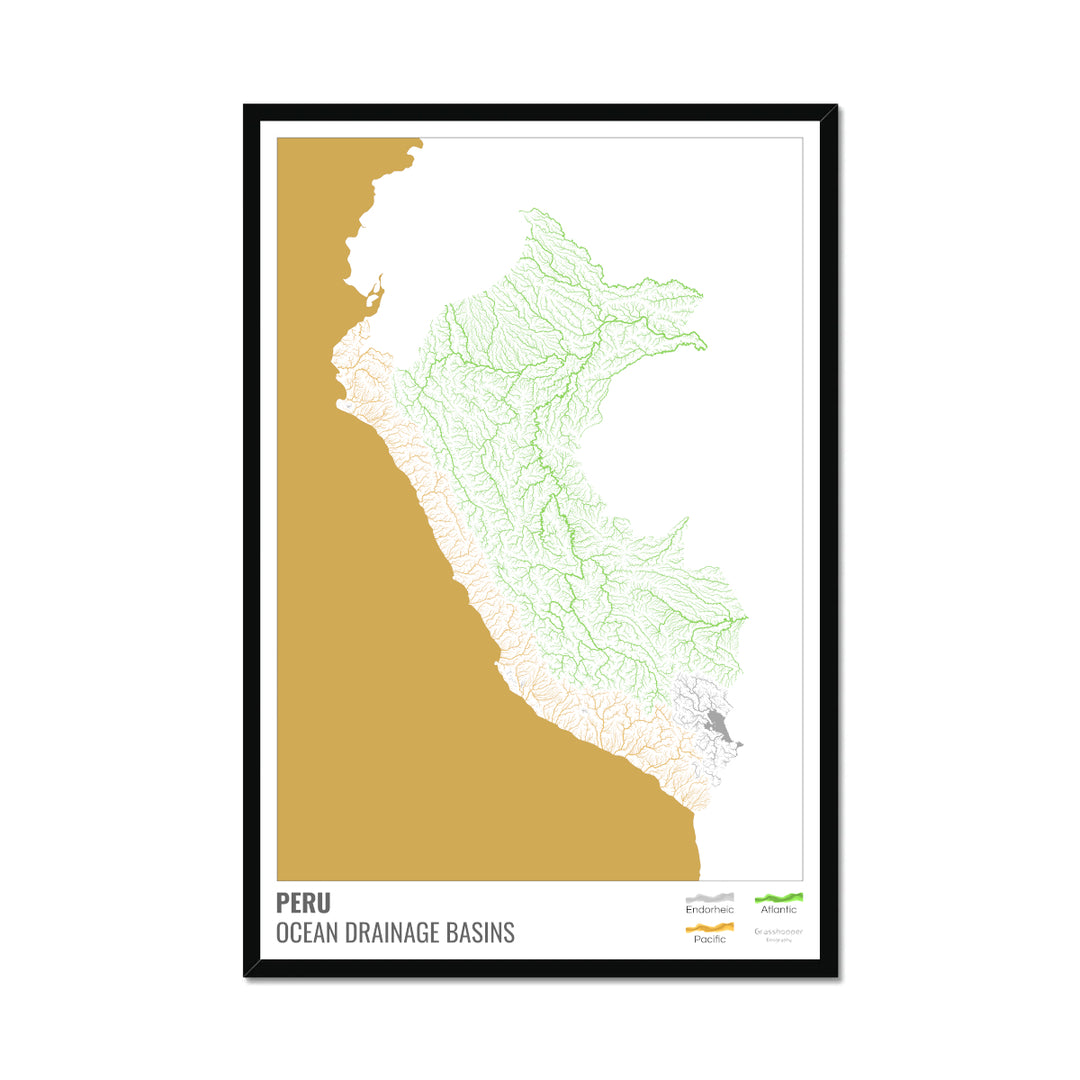 Peru - Ocean drainage basin map, white with legend v2 - Framed Print