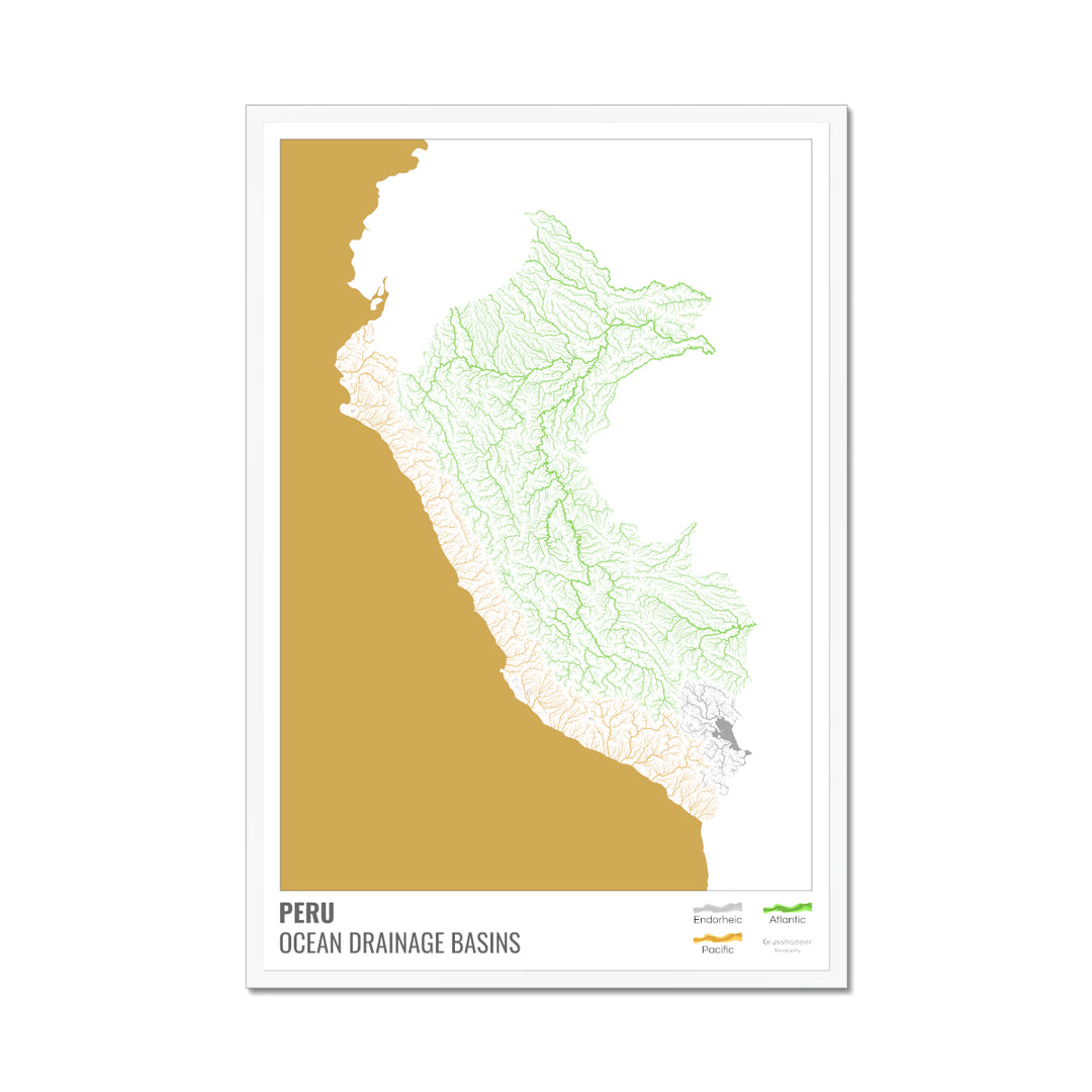 Peru - Ocean drainage basin map, white with legend v2 - Framed Print