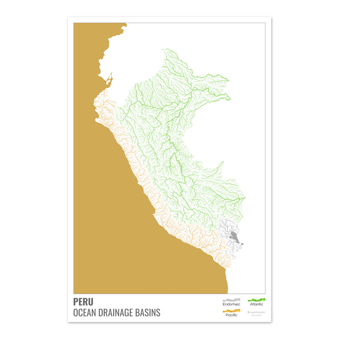 Peru - Mapa da bacia de drenagem oceânica, branco com legenda v2 - Impressão de arte fotográfica