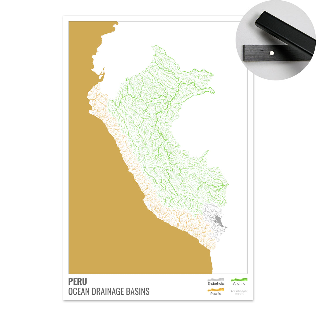 Perú - Mapa de la cuenca hidrográfica del océano, blanco con leyenda v2 - Impresión artística con colgador