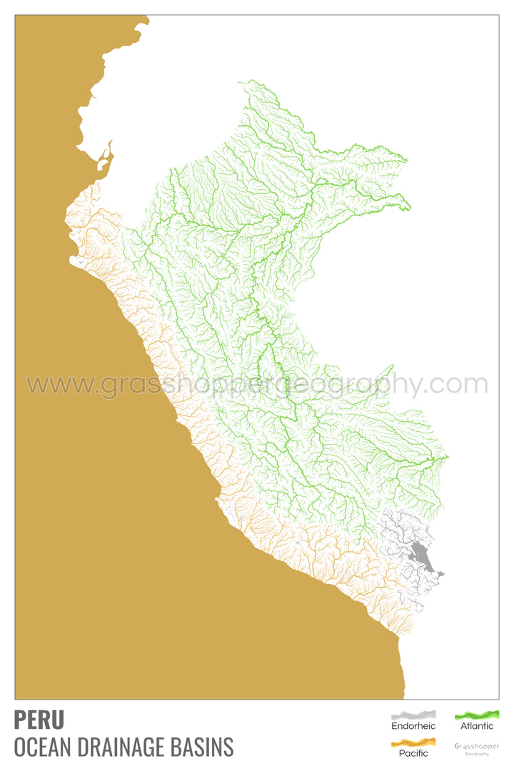 Pérou - Carte des bassins hydrographiques océaniques, blanche avec légende v2 - Tirage photo artistique
